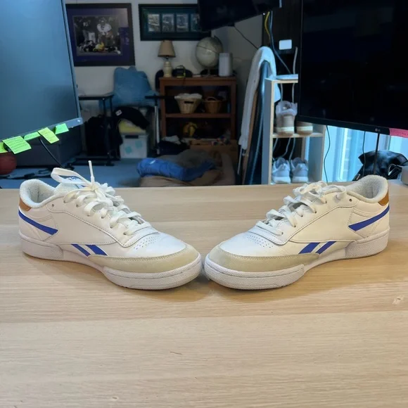 Reebok’s Retro Leather, White/Blue/Tan. Great casual shoes.